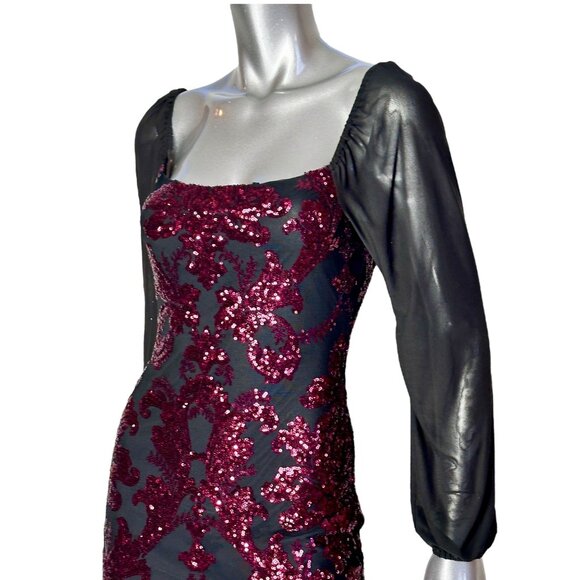 Jump Apparel Black Burgundy Damask Sequin Bodycon Mini Dress - Picture 7 of 11
